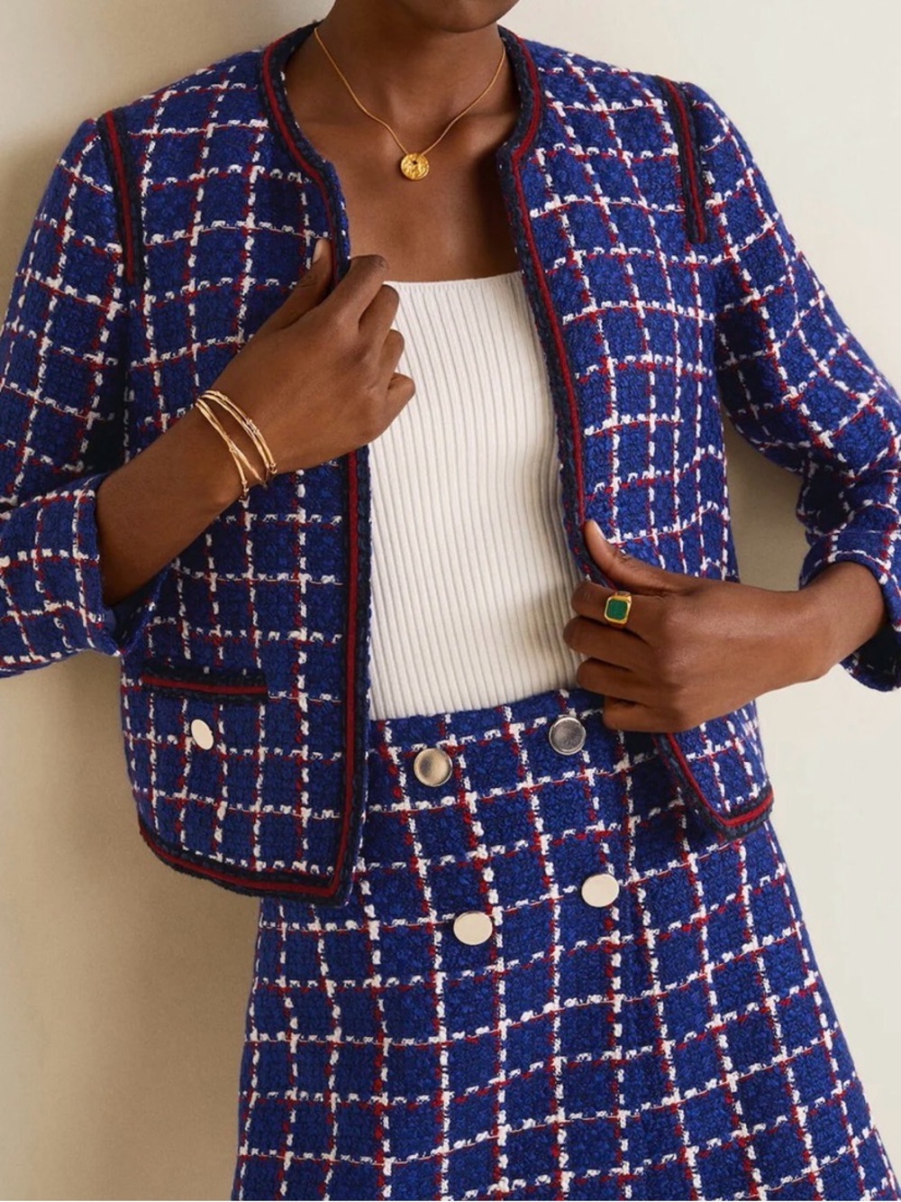 Mango Suit Blue Red White Tweed Plaid Jacket Blazer small